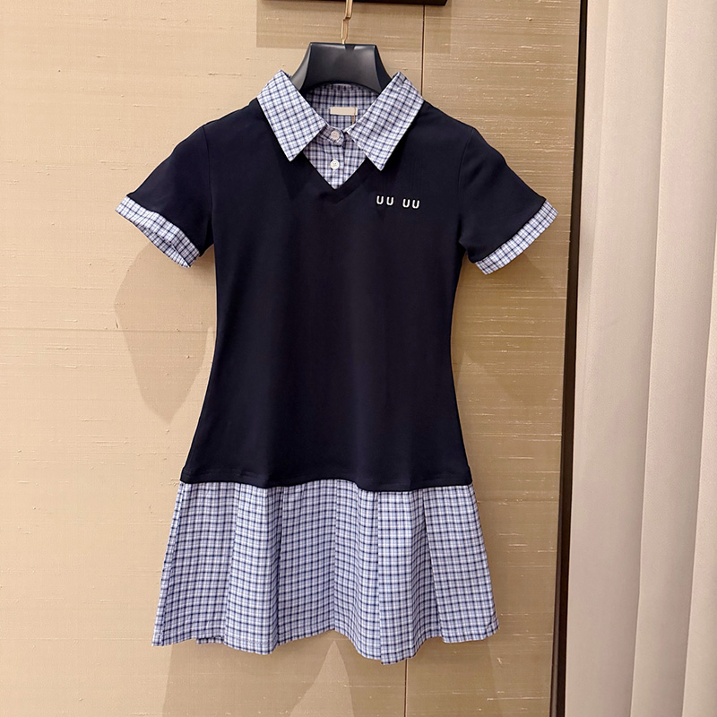 Preppy Style Short Dresses For Women Patchwork Lapel Neck Classic Mini Dress Summer Embroidery Vintage Dresses