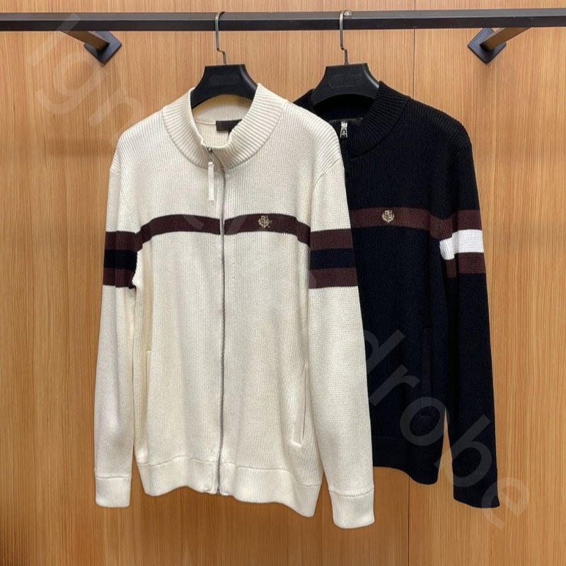 Quiet Luxury Designer Mens Sweaters Embroidery Contrast Color Striped Wool Stand Collar Knitted Sweater Cardigan Jacket L1289