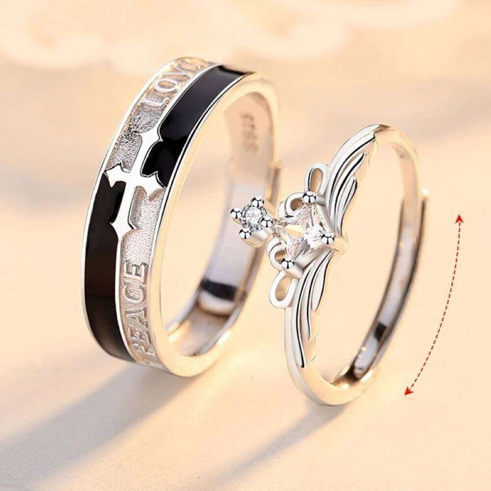 Cross Crown Letter Copper Plated Platinum Adjustable Wedding Couple Rings Overlap Opening Finger Jewelry Wholesale Drop Shipping W260311-image-1097293795