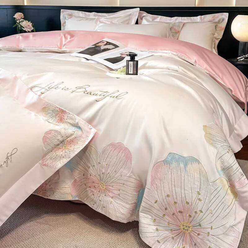 long-staple four-piece set of pure cotton embroidery skin-friendly sleeping quilt cover bed sheet mattress bedding H260312-image-1097352440
