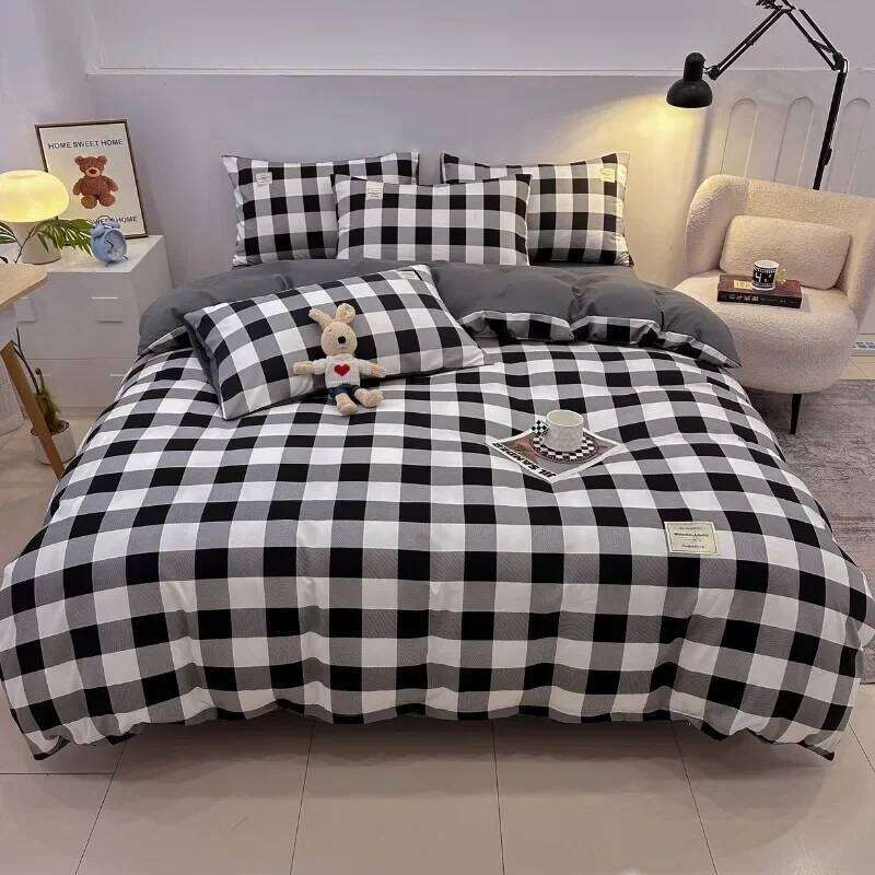 2025 new skin-friendly and comfortable washed cotton simple striped plaid color four-piece set, bed sheet kit H260312-image-1097354682