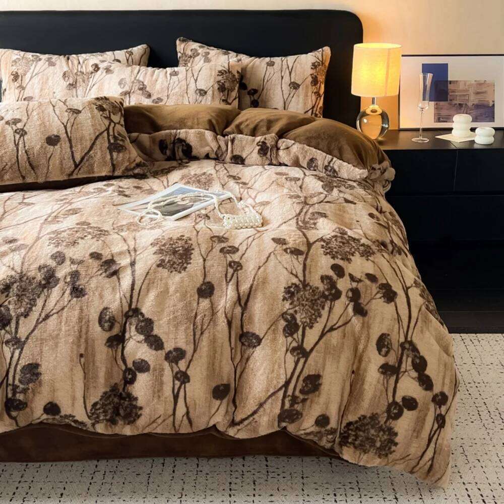 Leopard Print Rabbit Plush Quilt Cover Pillowcase Bed Sheet Class A Four-Piece Thicken Winter Warm Coral Fleece Bedding Set H260312-image-1097351588