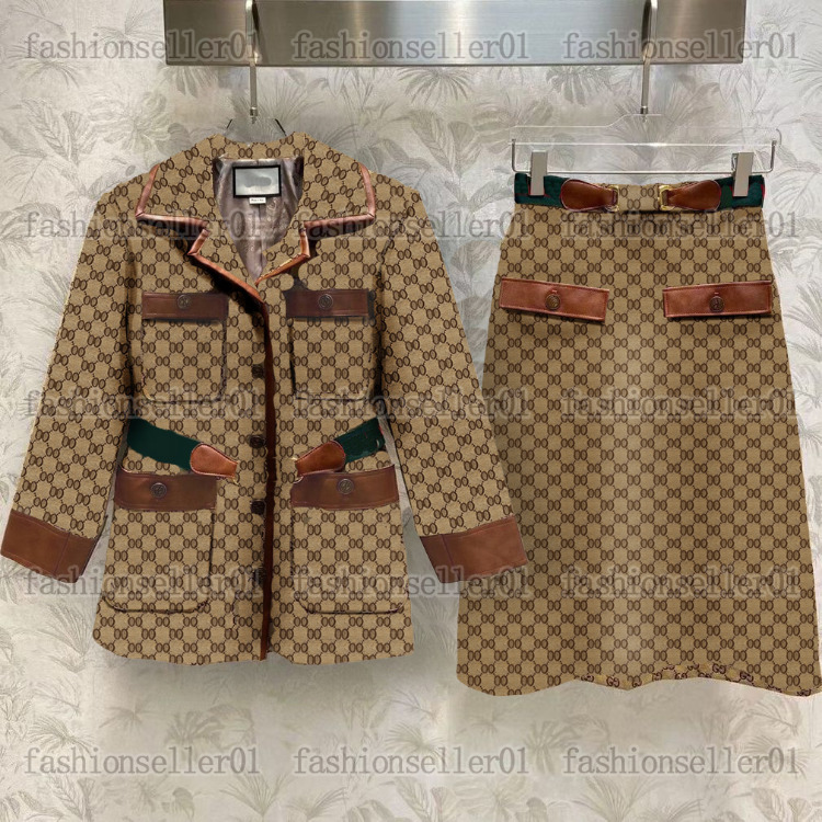 Europe Womens designer Two Piece Dress sets jacket luxury outwear coat slim fit double letter jacquard skirts outwear patchwork pu leather jackets
