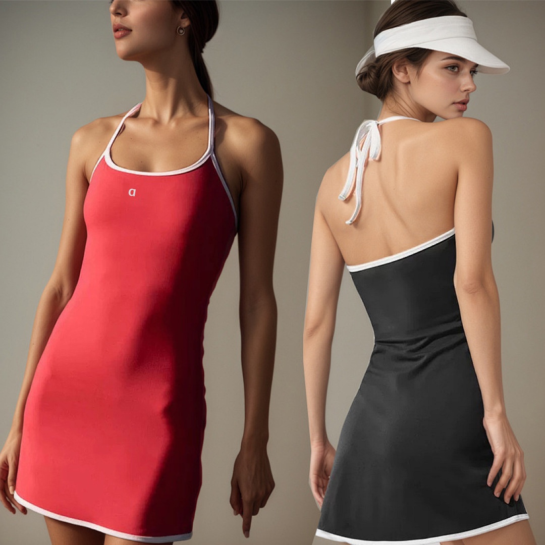 A1942 Yoga Halter Dress High Elastic Quick-Dry Tennis Fitness Jumpsuit Yoga Outfit Anti-Glare Womens Sports One-Piece