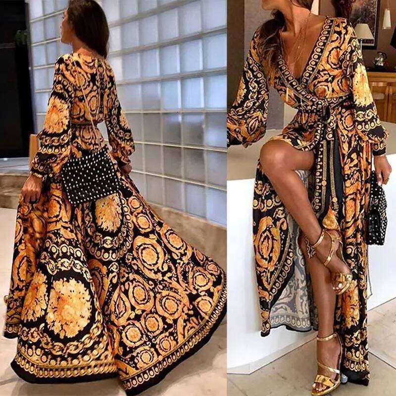 Femmes Boho col en v imprimé Robe d'été Maxi Robe pour l'été à manches longues robes Vintage couvertures Robe de maison donner des cadeaux