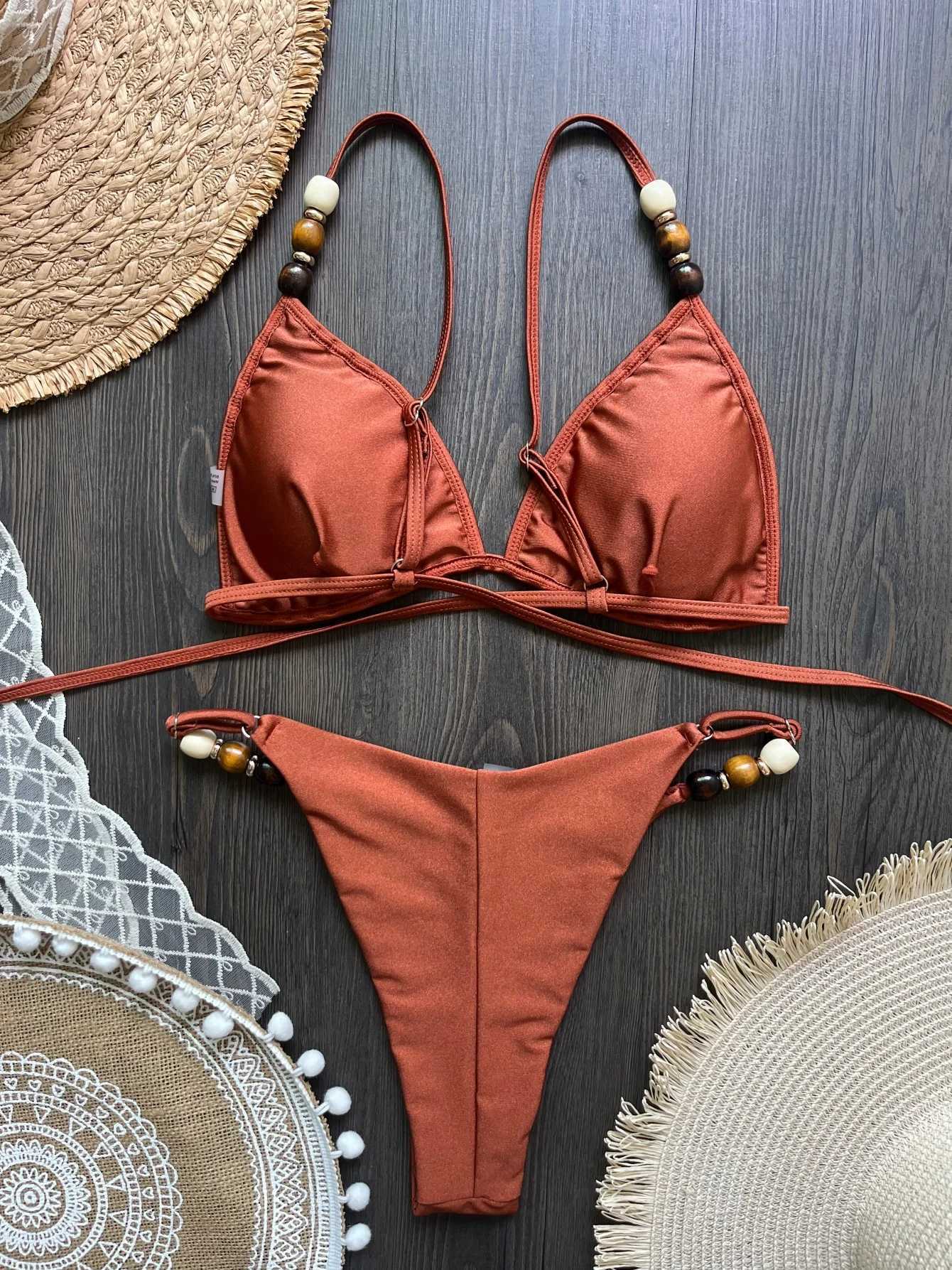 Sexy Brown Bikini Set 2026 Women Pearls S Hole Out Push Up Bra Thong Swimsuit Brazilian Beach Bathing Suit Micro Swimwear L260526{category}-image-1097402466
