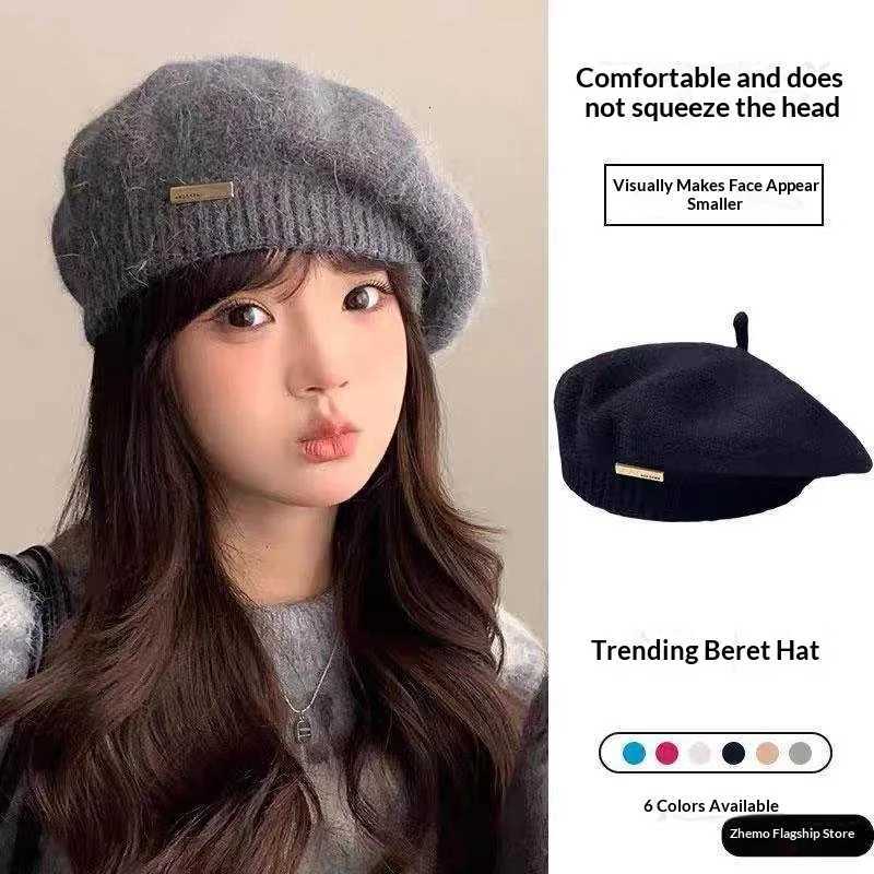 1pc femmes décontracté béret chapeau hiver chaud tricoté flou peintre béret casquette grande circonférence polyvalent adapté pour Datingparty H26