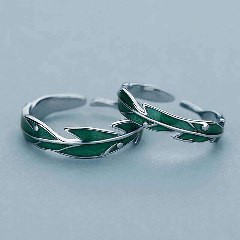 Fashion Irregular Green Leaves Couple Rings For Women Men Lovers Luxury Zircon Silver Color Open Ring Bride Wedding Jewelry Gift W260311-image-1097298579