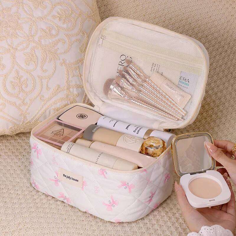 Women's cotton makeup cute bow Cosmetic Bag girl's large capacity skin care product storage portable travel toiletry bag H260311