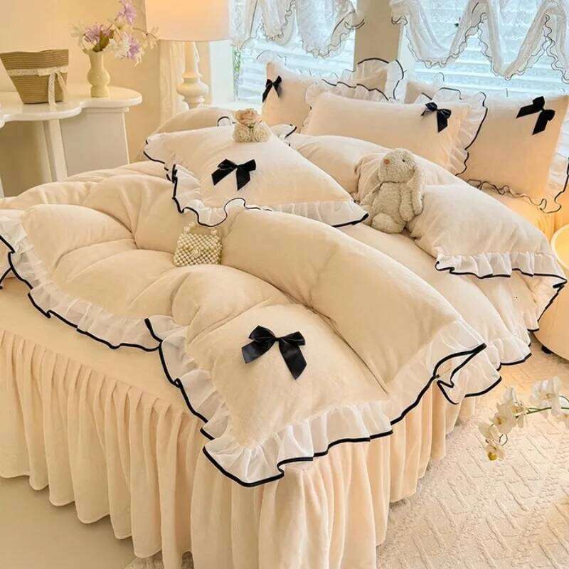 2025 new princess wind milk fleece bed skirt four-piece set autumn and winter Korean lace thickened warm quilt cover H260312-image-1097354754