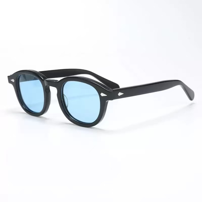 Johnny Depp Polarized Sunglasses Vintage Round Tortoiseshell Sunglasses for Men Women Retro Thick Frame Blue Lens Rivet Decor Sun Glasses