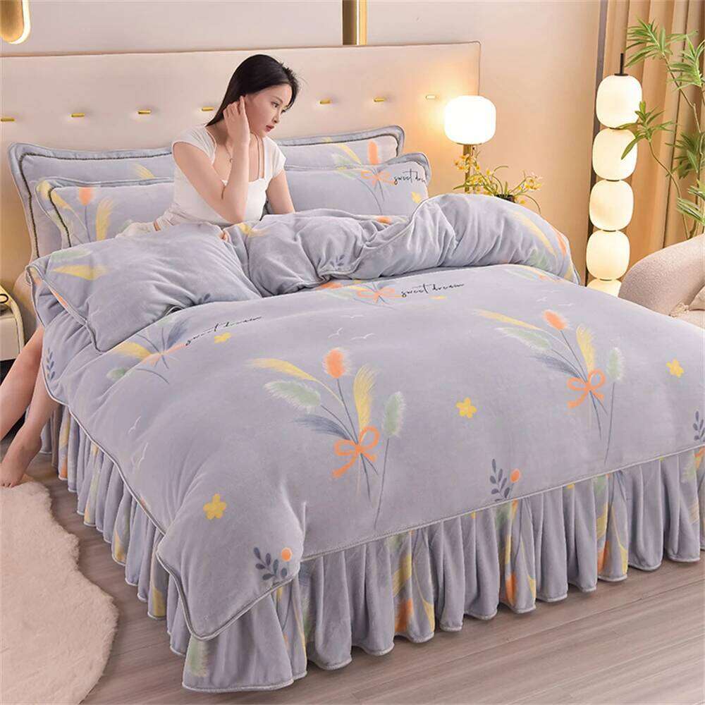 Milk Velvet Four-Piece Sets Winter Warm Thickened Double-sided Plush Bedding Set Soft Flannel Bed Skirt Quilt Cover Pillowcase H260312-image-1097351541