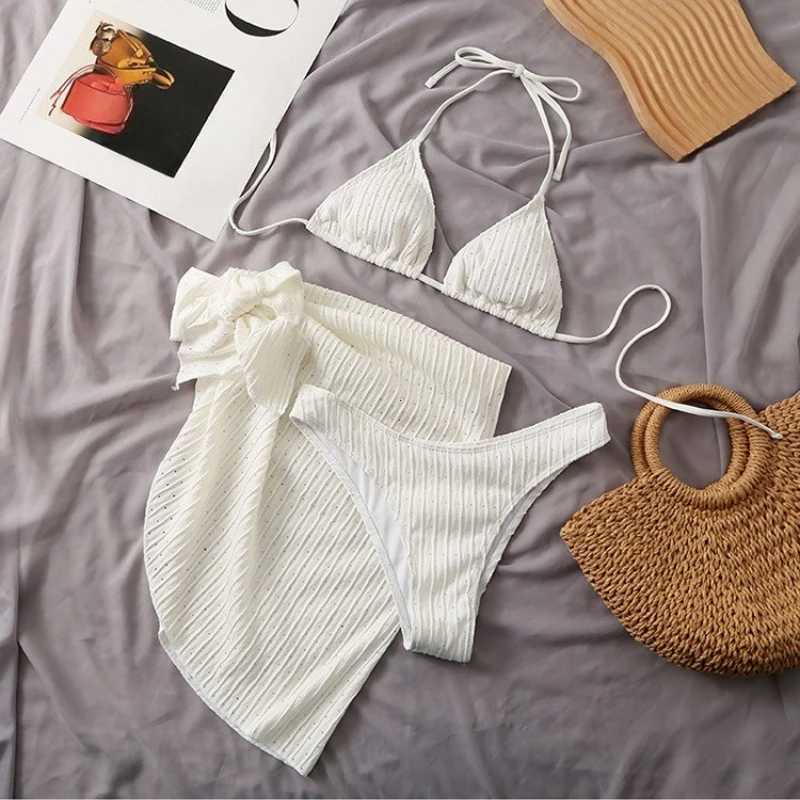 2025 Summer Halter Bikini 3 Pieces sets Women swimsuit Sexy Thong Swimwear With Sarong Skirt White Beachwear L260526-image-1097308835