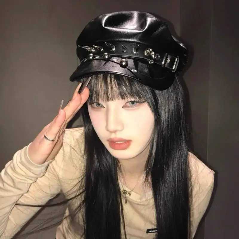 Vintage Rivet Beret Harajuku Y2K Girl Gothic Lolita Black Leather Dark Face Revealing Flat Top Newsboy Caps Sunscreen Beret Cap H260312