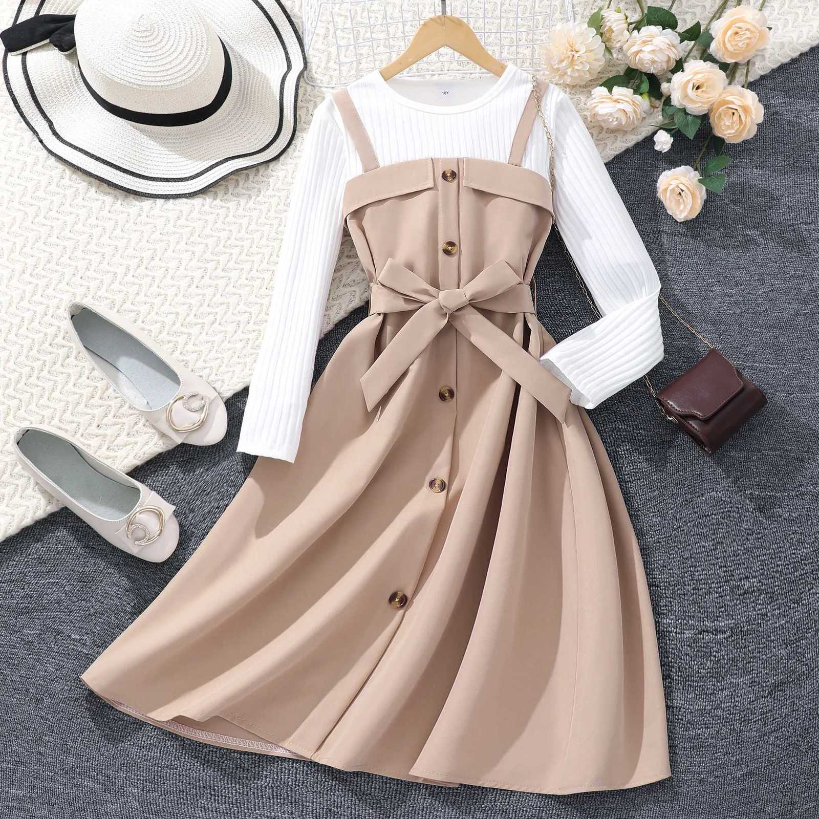8-12 ans robe longue pour fille vêtements automne et hiver ceinture bouton kaki enfants robe longue chaud britannique Vintage adolescent OutfitT2