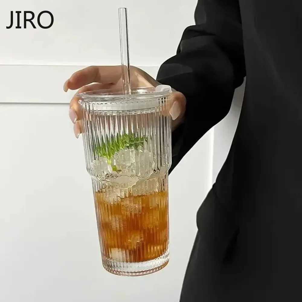 600ML Stripe Glass Coffee Cup With Lid and Without Cover Straw Transparent Drinking Glasses for Juice Iced Coffee Mugs C260313-image-1097498687