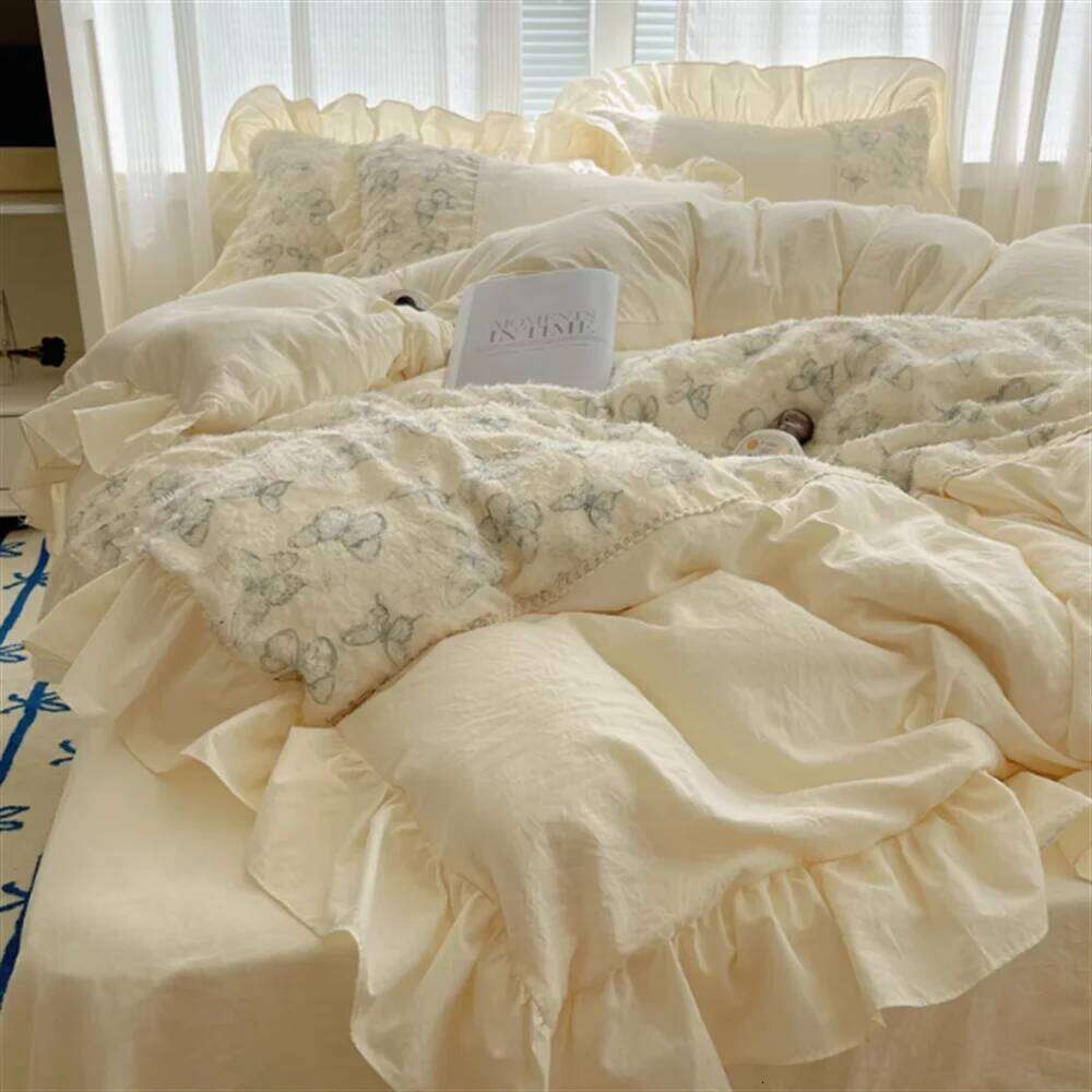 Ensemble de literie en dentelle de lavage Feng Shui crème, quatre pièces, Style princesse rétro, housse de couette, drap de lit, Non entièrement
