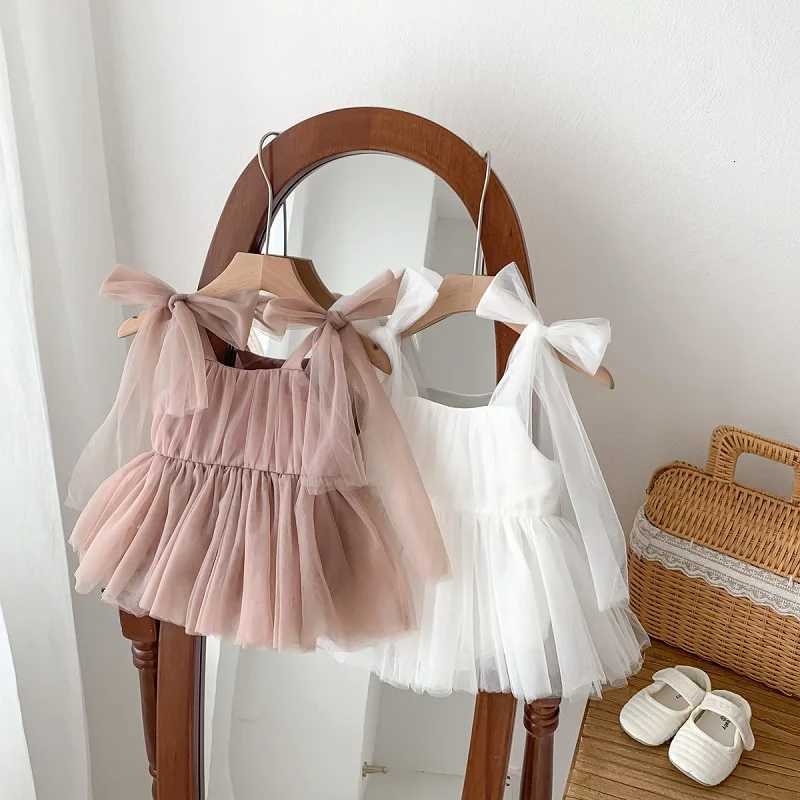 2025 Summer Baby Clothes 100 Day Baptism Birthday Party Sleeveless jumpsuit Mesh Bow Romper Girl Princess DressT260313-image-1097424378