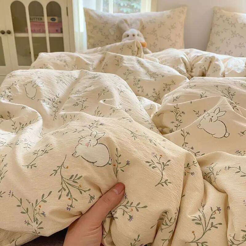 Ins Simple Little Rabbit Bedding 2025 New Four piece Washed Cotton Quilt Set, Dormitory Bed Sheet Set for Girls H260312-image-1097373298