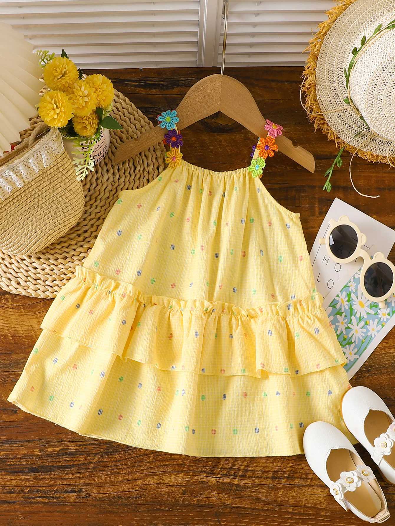 Toddler Girls Yellow Halter Dress Ruffled Layer Floral Strap 0-3YT260313-image-1097421176