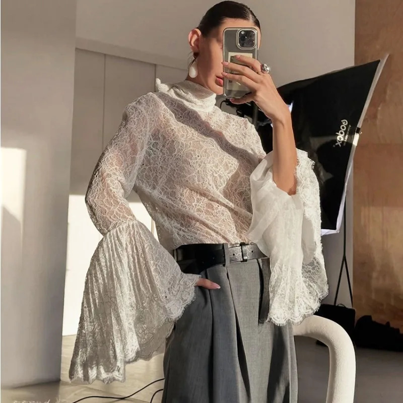 Talenza Elegant Lace Blouse Womens Fashion Ruffled Long Sleeve Ribbon Sexy Top Party Female SeeThrough Shirt 260310