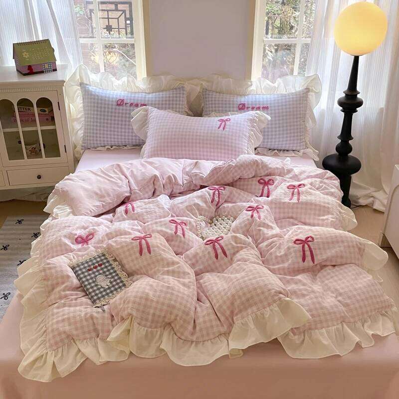 Korean Style Bedding 2025 Pink Grid Bow Quilt Romantic Bed Sheet Sets Woman Girls Bedroom Duvet Cover 4pcs H260312-image-1097371707