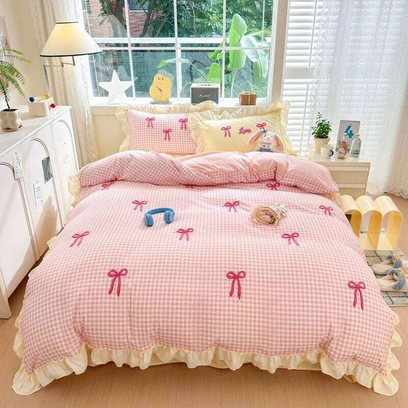 Classic Plaid Duvet Soft Lace Bedding Set, Bow Design Skin-friendly Quilt Cover, 2 Pillowcases with Different Patterns H260312-image-1097372988