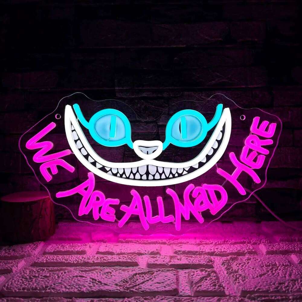 Cheshire Cat Smile Neon Sign Alice in Wonderland WE ARE ALL MAD HERE LED Wall Light for Home Bar Bedroom Decoration Gift 26H0313