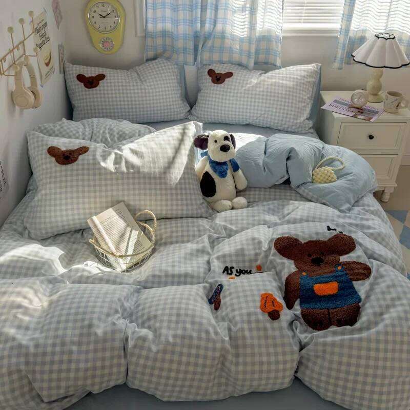 2025 new student cartoon washed cotton towel embroidered three or four-piece set bed sheet quilt cover mattress bedding H260312-image-1097371075