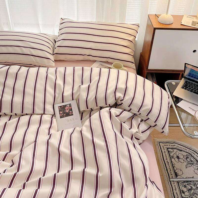 Korean Style Striped Duvet Washed Cotton 3/4pcs Bedding Set with Quilt Cover Bed Sheet Pillowcase Durable Breathable H260312-image-1097373924