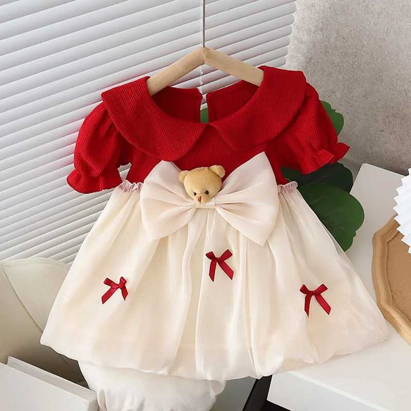 Summer Baby Girl Dress Puff Sleeve Birthday Costume Doll Collar Cute Princess Dress Kid Girl Clothes Bow Bear Child Skirt A1349T260313-image-1097416169