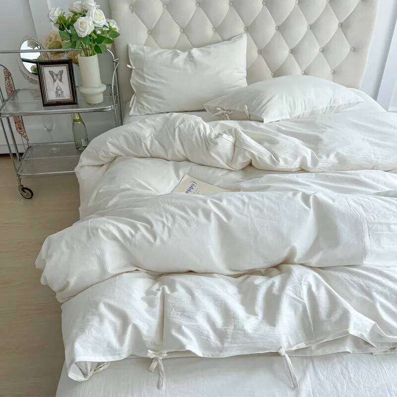 White Minimalist Comforter Cover Set Twin Queen Size, 4PC Bedding, Hotel , Extra Soft Flat Sheets/Fitted Sheet Pillowcases H260312-image-1097373005
