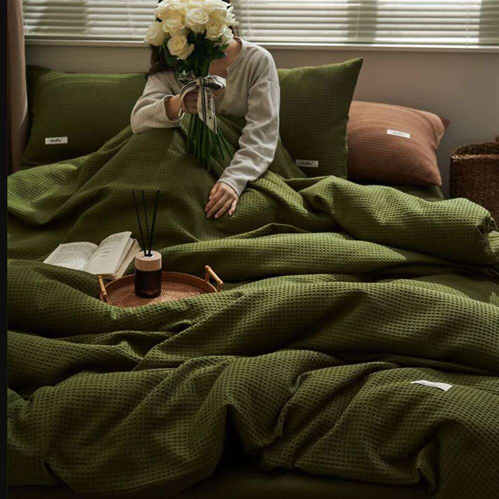 Ins Style Solid Color Waffle Cotton Duvet Cover Four Piece High Beauty Quilt Bed Sheet Bedding Set H260312-image-1097373901