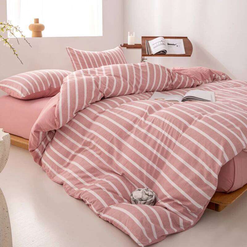 WASART Pink striped bedding four-piece set duvet cover bed sheet with pillowcase 220x240 queen king size four seasons universal H260312-image-1097370709