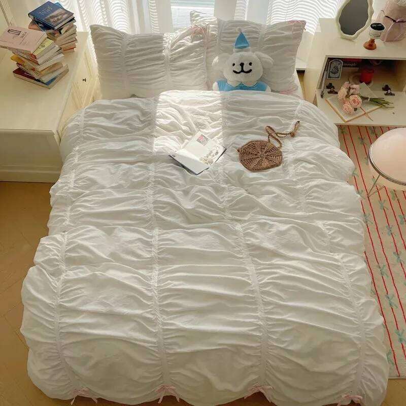 Solid Color Pleated Textured Soft Breathable Chic Princess 4pcs Bedding Set, Delicate Bows Twin Duvet cover Bed sheet Pillowcase H260312-image-1097372737