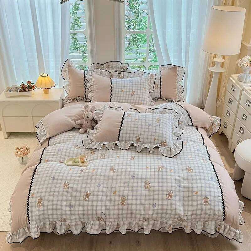 Small fresh pastoral style bedding four-piece spring lace quilt cover, bed sheet three-piece set, girls dormitory H260312-image-1097354794