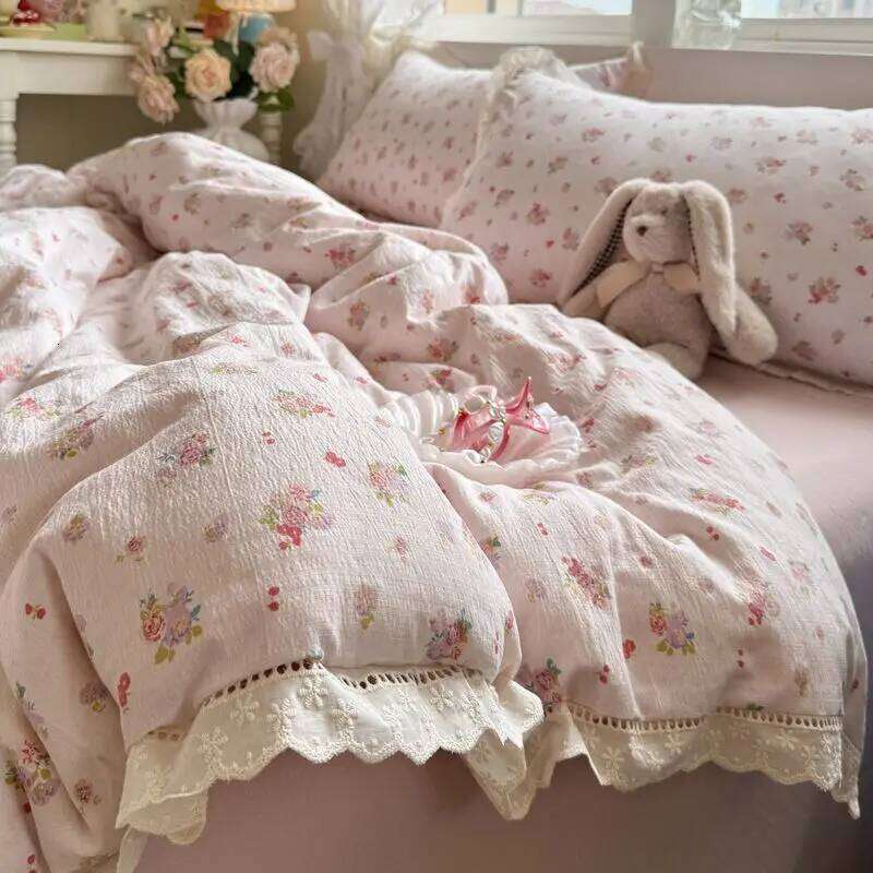 Korean Girly Heart Floral Double Layer Gauze Four-Piece Set Princess Style Lace Trim Quilt Cover Bed Sheet Dormitory H260312-image-1097372013
