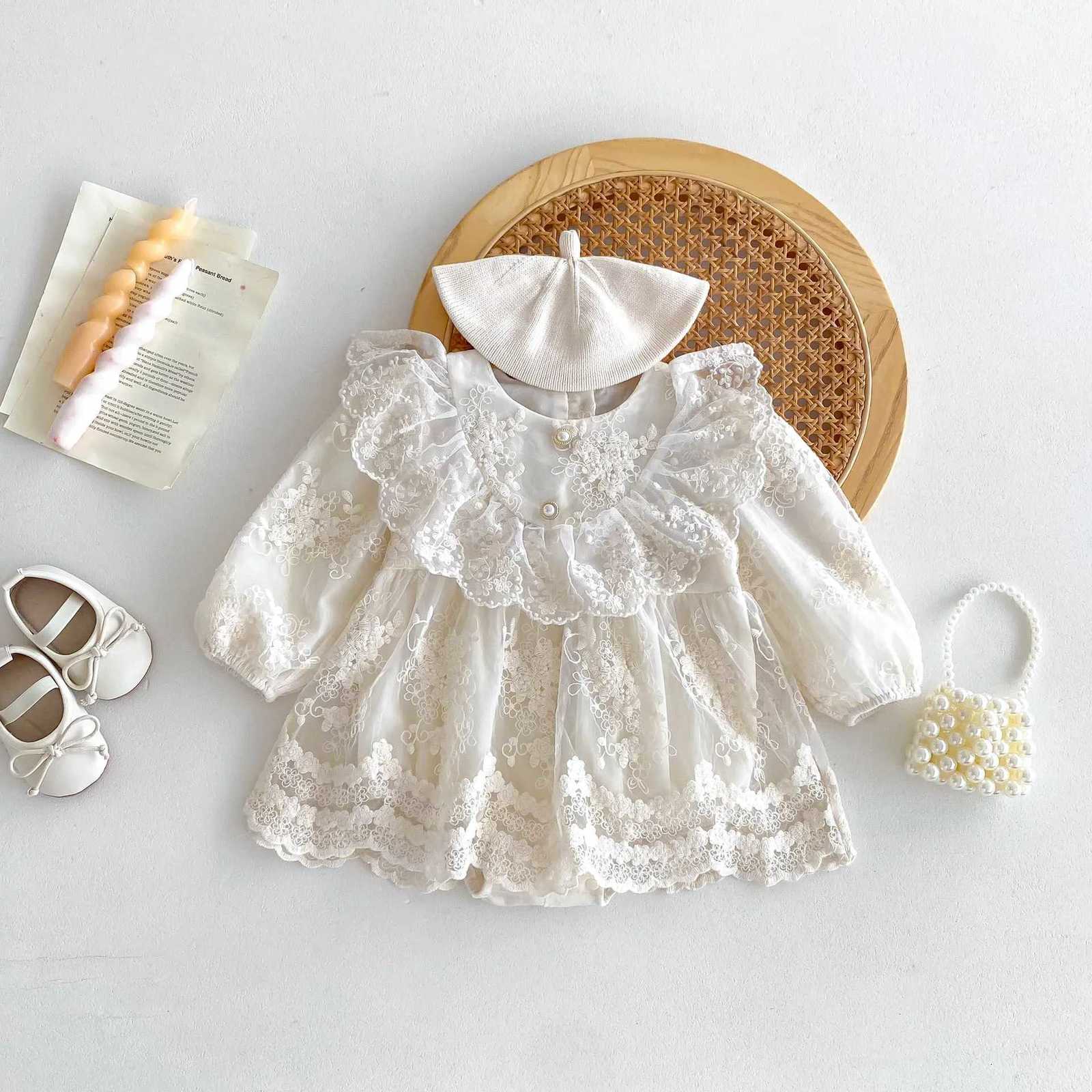 2026 Baby Girl Princess Dress 0-24M Vintage Lace Embroidered Ruffled Collar Romper Dress with Snap Closure Formal Party DressT260313-image-1097418277