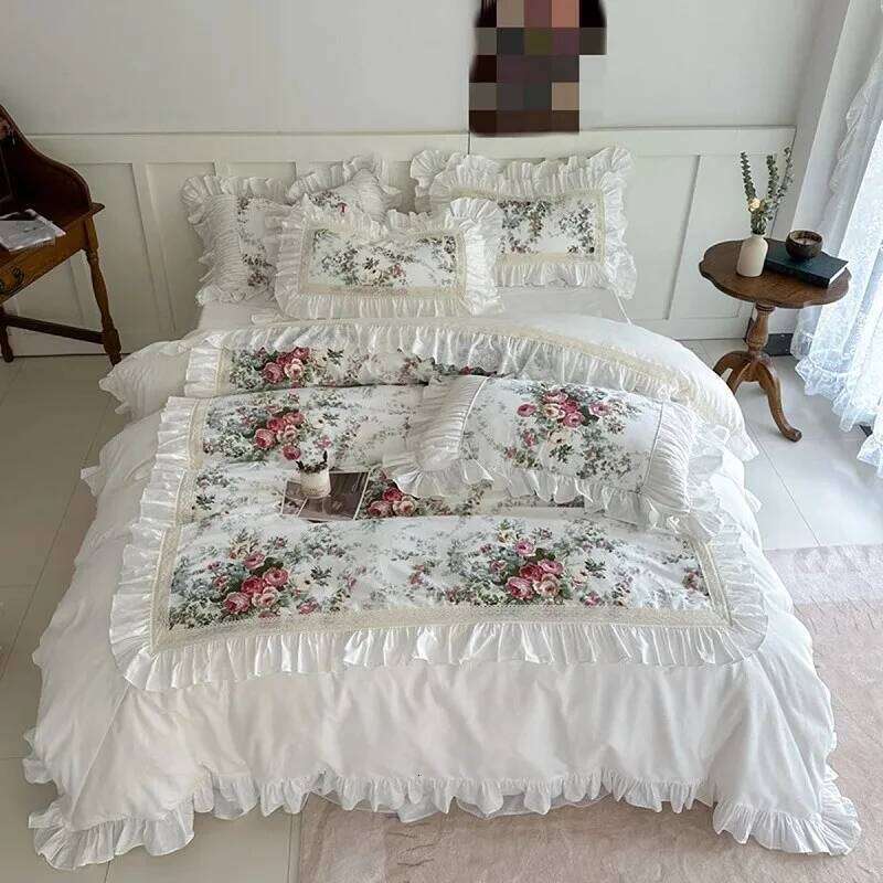 Ensemble de literie blanc 100% coton, housse de couette + 2 taies d'oreiller, patchwork à volants, 3 pièces, motif Floral, taille Super King US/U