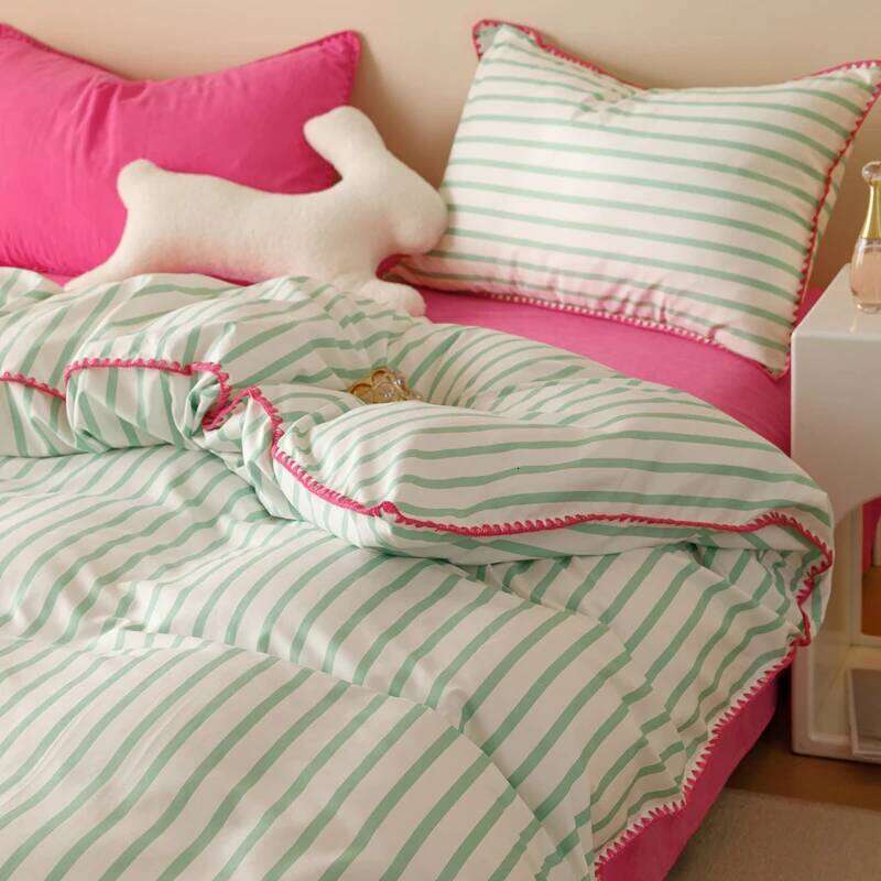 Bedding INS Girls Striped Soft Washed Cotton Sheet Queen King Size Duvet Comforter Set Pillowcase Bed Linens H260312-image-1097372760