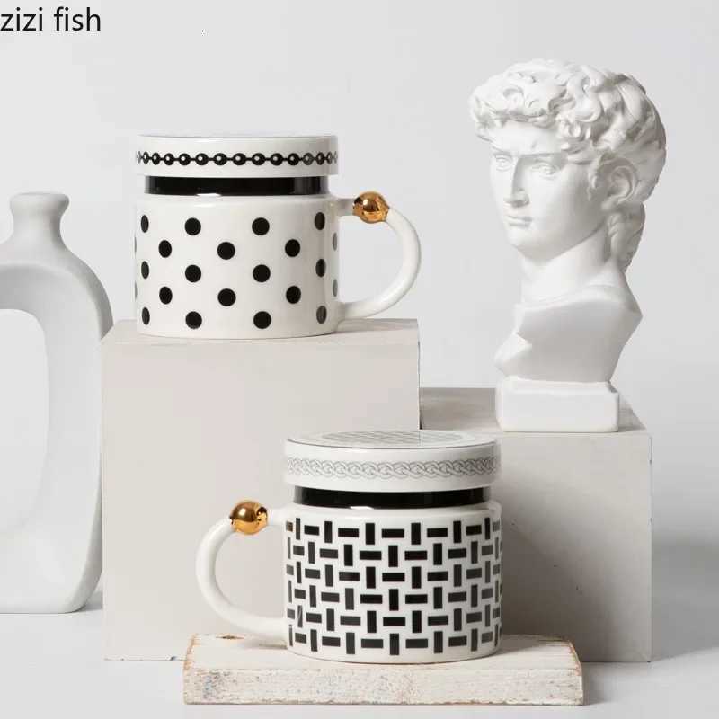 Black and White Polka Dot Ceramic Mug with Lid Office Coffee Mug Water Cup Breakfast Cups Teacup Milk Cups Household Couple Cup C260313-image-1097498453