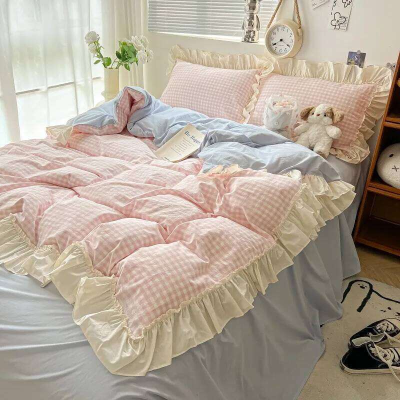 Ruffled Pink Blue Set Twin Queen Washed Microfiber Ultra Soft Bedding set Grid Duvet Cover Bed Sheet 2 Pillowcases H260312-image-1097373909