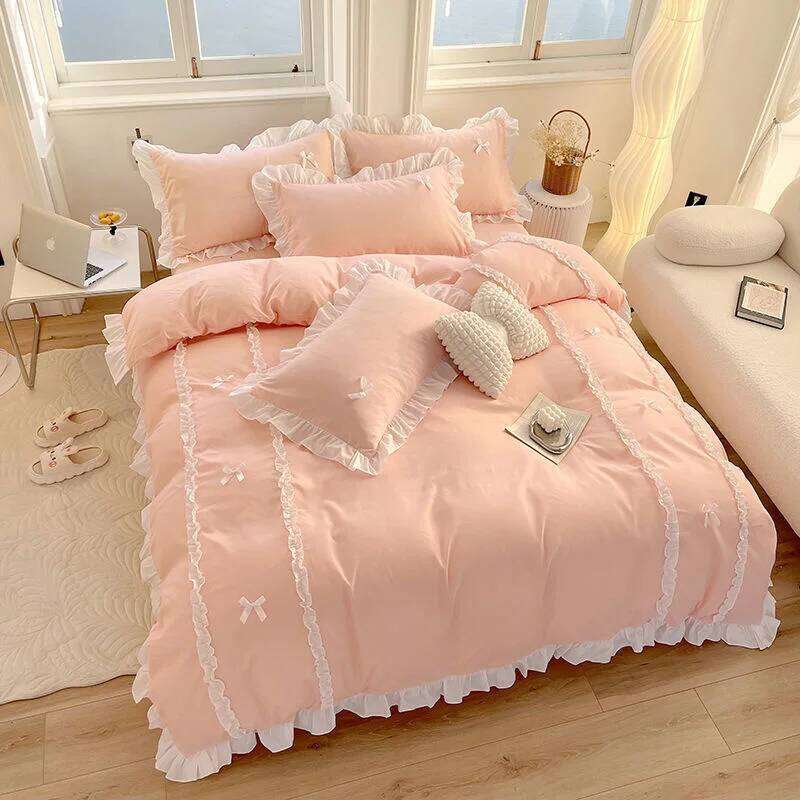 Korean Princess Style Bedding Sets Ins Lace Bowknot Duvet Cover Fitted Sheet For Girl Woman Home Bedroom Kawaii Bed Linens H260312-image-1097371751
