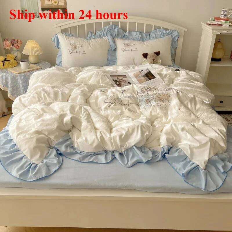 2025 lace embroidery small fresh and cute girl heart four-piece set washed cotton summer sheet quilt cover bed hat H260312-image-1097372380