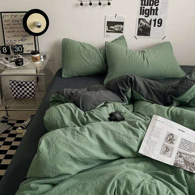 Sheet with Pillowcase Ins Style Bed Naked Sleeping Pure Washed Cotton Solid Color Four-piece Set Bedding Sets H260312-image-1097371534
