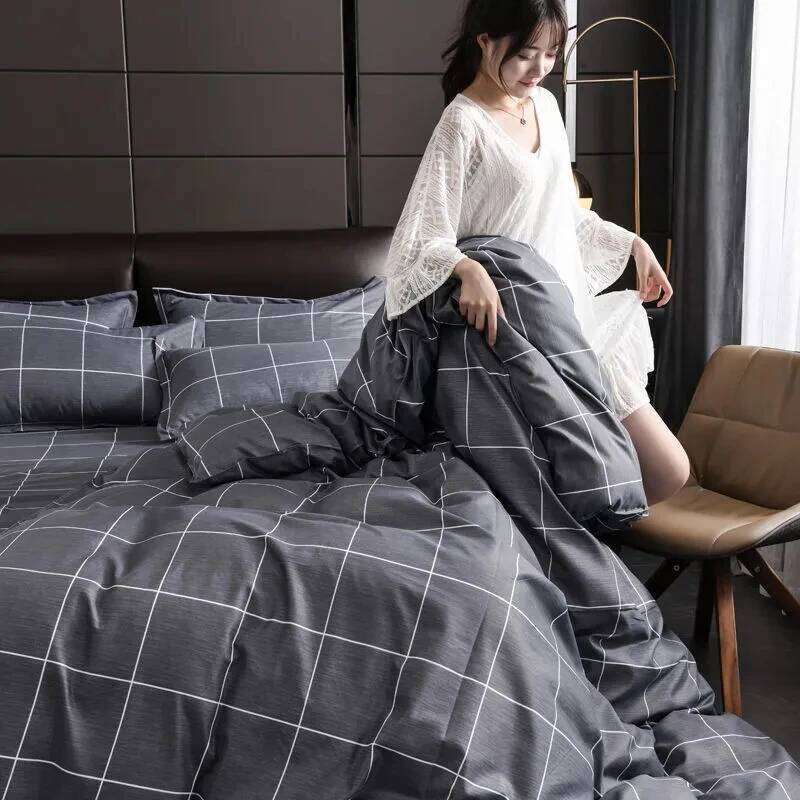 Simple Style Printed Double Pillowcase Bed Sheet Men's Bedding Four-piece Set Invisible Zipper Quilt Cover H260312-image-1097372497