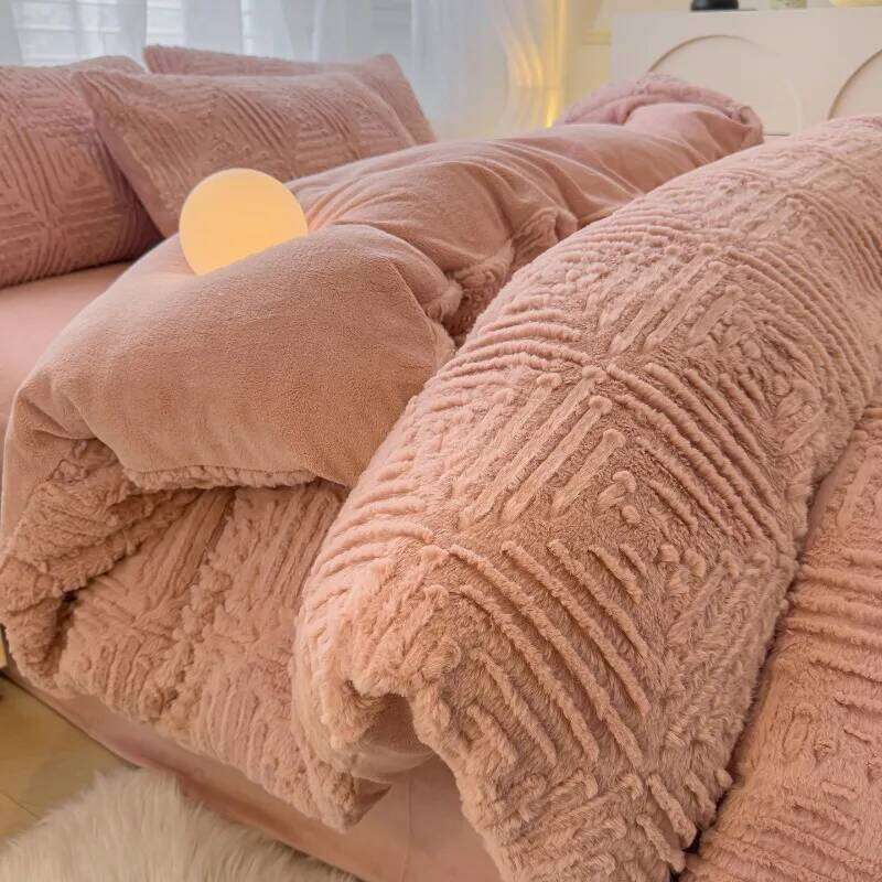 2025 winter model carved rabbit fur milk four-piece set coral fleece thickened bed quilt cover fitted sheet kit H260312-image-1097372438