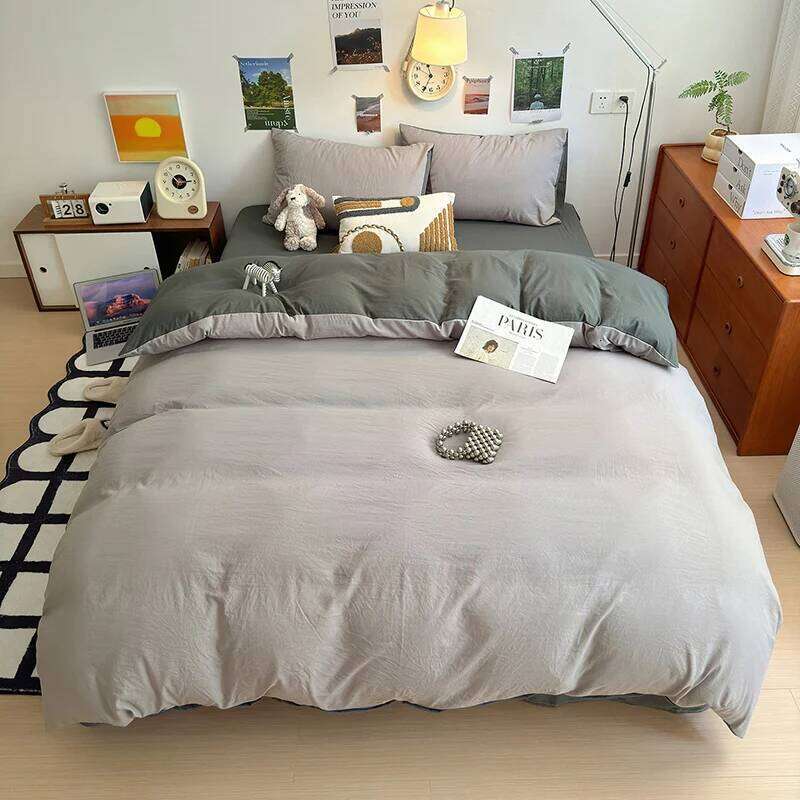 2025 washed cotton solid color four piece set for student dormitory bed sheets duvet covers, small and fresh brushed bedding H260312-image-1097371413