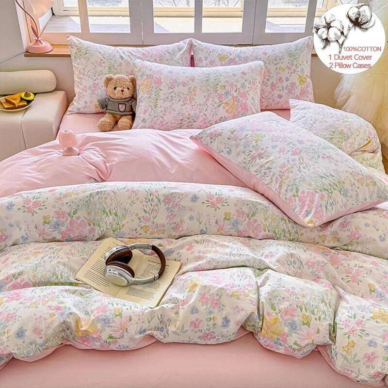 100% Cotton Printed Duvet Cover Set with Pillowcases - Floral Style Bedding Set, Breathable & Hypoallergenic, Machine Washable H260312-image-1097371428