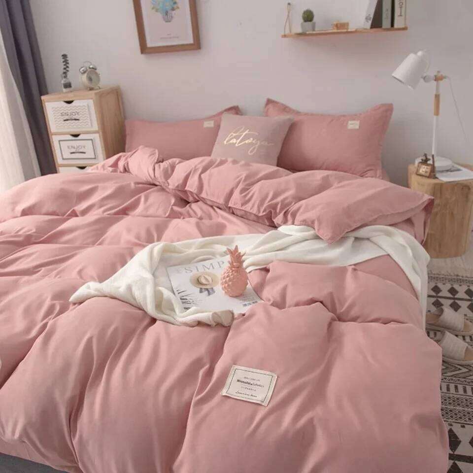 Y Home Simple Japanese Solid Color Pink Bedding Set Cover Twin Full Queen Linen Girl Women Polyester Bed Flat Sheet Pill H260312-image-1097373532